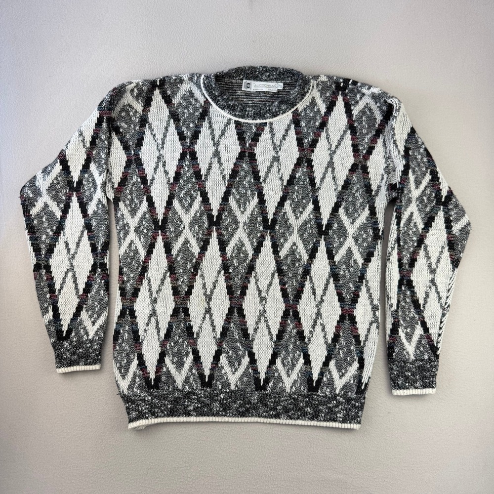 Vintage Argyle Knit Sweater Mens Large Tall Gray Geometric Made in USA Preppy‎